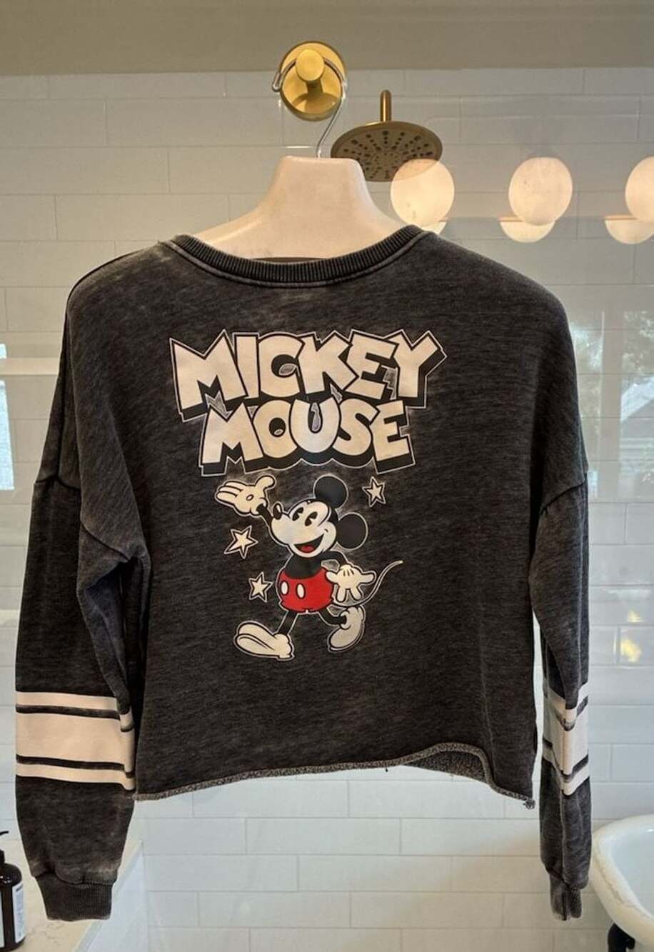 Disney Mickey Mouse Graphic Cropped Long Sleeve Sweatshirt with Striped Sleeves